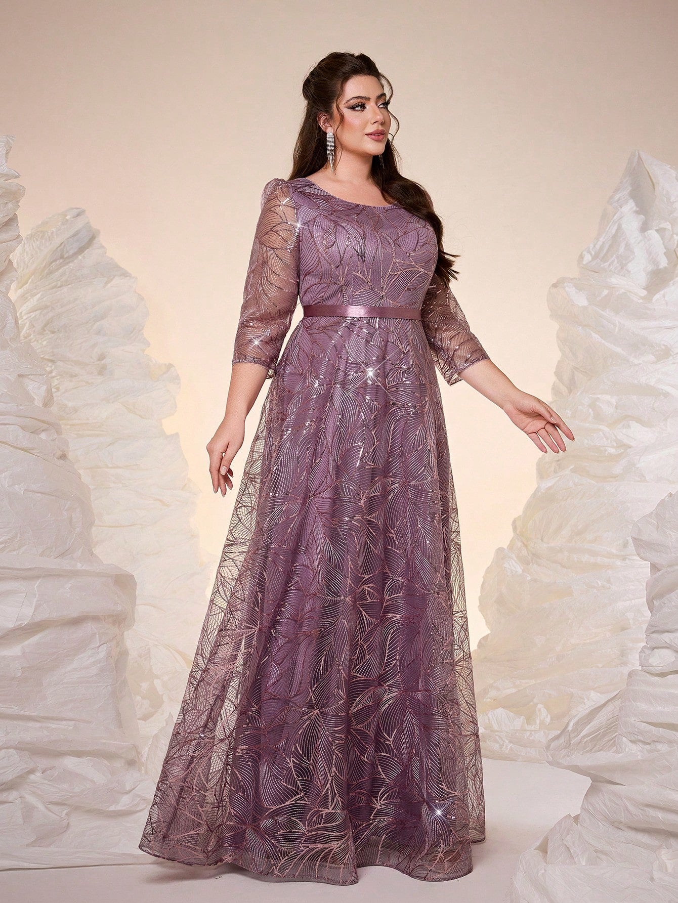 Luxury Elegant Summer Plus Champagne Sequin Tulle Maxi Gown, Leaf Embroidery A-Line, Floor Waist Wedding Mother Bride Party Formal Dress