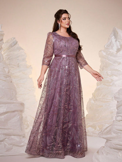 Luxury Elegant Summer Plus Champagne Sequin Tulle Maxi Gown, Leaf Embroidery A-Line, Floor Waist Wedding Mother Bride Party Formal Dress