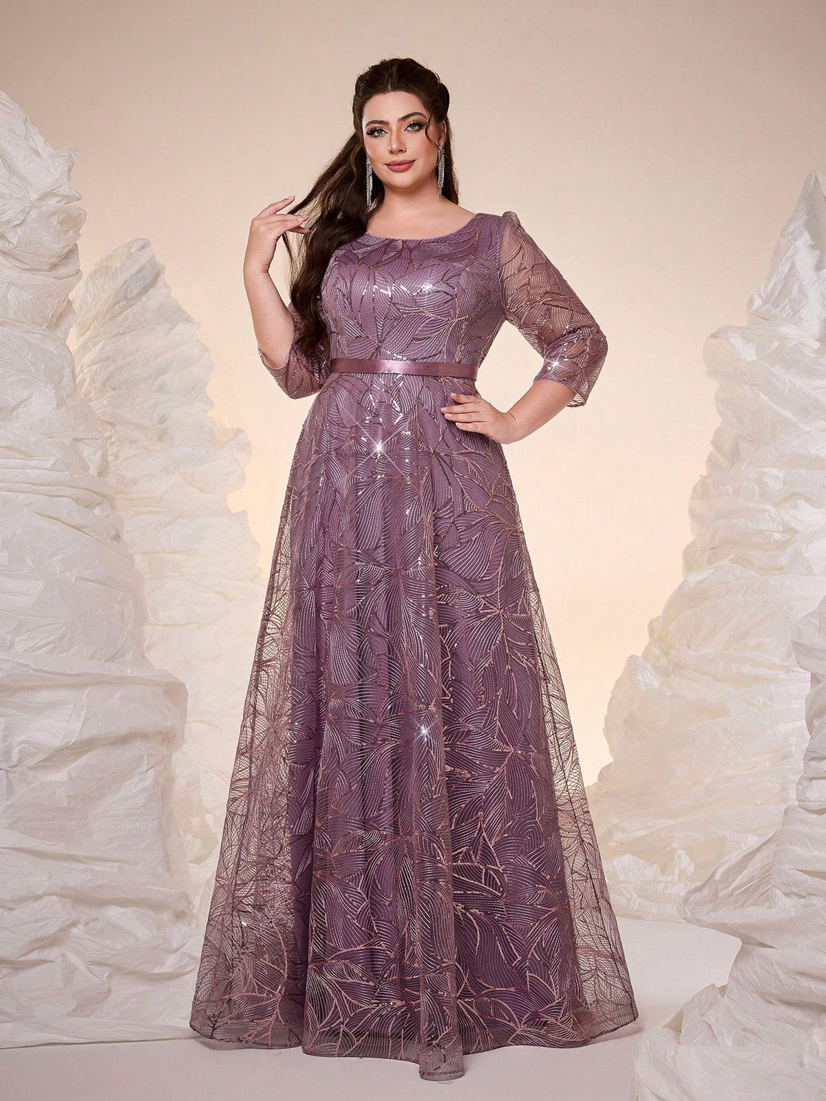 Luxury Elegant Summer Plus Champagne Sequin Tulle Maxi Gown, Leaf Embroidery A-Line, Floor Waist Wedding Mother Bride Party Formal Dress
