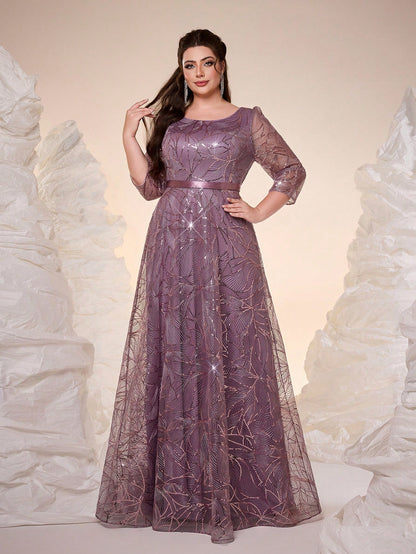 Luxury Elegant Summer Plus Champagne Sequin Tulle Maxi Gown, Leaf Embroidery A-Line, Floor Waist Wedding Mother Bride Party Formal Dress