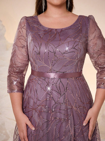 Luxury Elegant Summer Plus Champagne Sequin Tulle Maxi Gown, Leaf Embroidery A-Line, Floor Waist Wedding Mother Bride Party Formal Dress