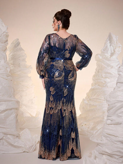 New Elegant Plus Size Long Navy Blue Formal Dress, Round Neck, Sequins, Graceful, Plus Size Evening Gown, Sheer Design, Waist Belt, Lantern Sleeve, Bodycon, Fishtail Hem, Suitable For Gala, Party Dress
