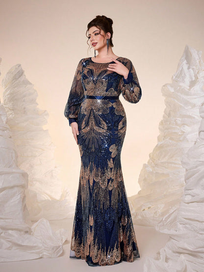 New Elegant Plus Size Long Navy Blue Formal Dress, Round Neck, Sequins, Graceful, Plus Size Evening Gown, Sheer Design, Waist Belt, Lantern Sleeve, Bodycon, Fishtail Hem, Suitable For Gala, Party Dress