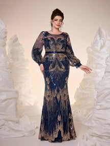 New Elegant Plus Size Long Navy Blue Formal Dress, Round Neck, Sequins, Graceful, Plus Size Evening Gown, Sheer Design, Waist Belt, Lantern Sleeve, Bodycon, Fishtail Hem, Suitable For Gala, Party Dress