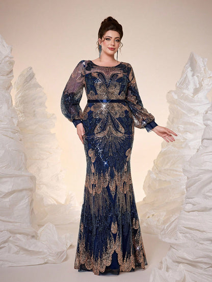 New Elegant Plus Size Long Navy Blue Formal Dress, Round Neck, Sequins, Graceful, Plus Size Evening Gown, Sheer Design, Waist Belt, Lantern Sleeve, Bodycon, Fishtail Hem, Suitable For Gala, Party Dress
