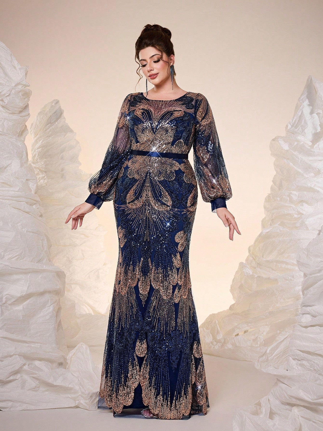 New Elegant Plus Size Long Navy Blue Formal Dress, Round Neck, Sequins, Graceful, Plus Size Evening Gown, Sheer Design, Waist Belt, Lantern Sleeve, Bodycon, Fishtail Hem, Suitable For Gala, Party Dress