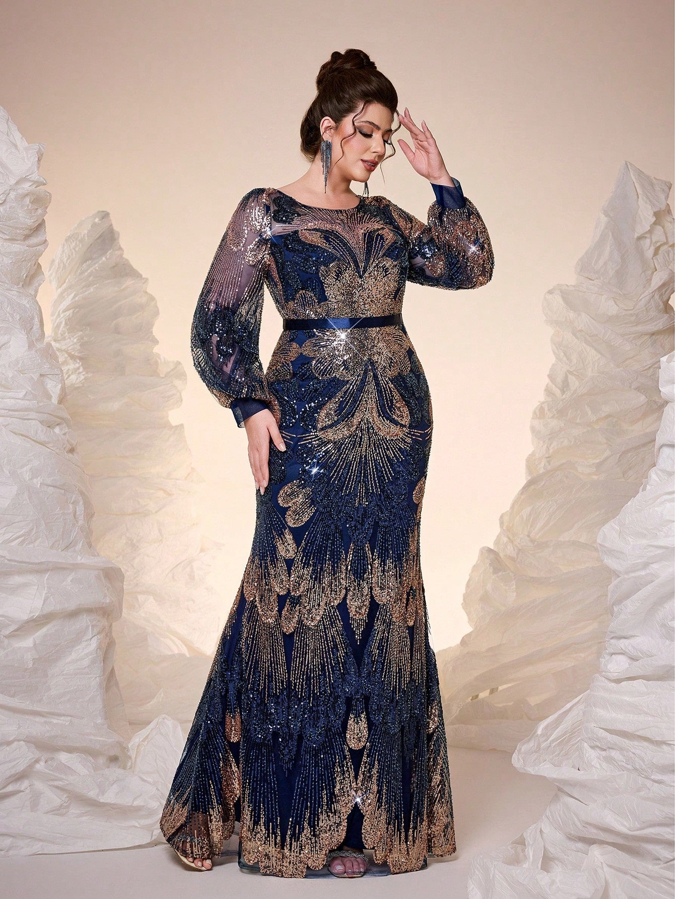 New Elegant Plus Size Long Navy Blue Formal Dress, Round Neck, Sequins, Graceful, Plus Size Evening Gown, Sheer Design, Waist Belt, Lantern Sleeve, Bodycon, Fishtail Hem, Suitable For Gala, Party Dress