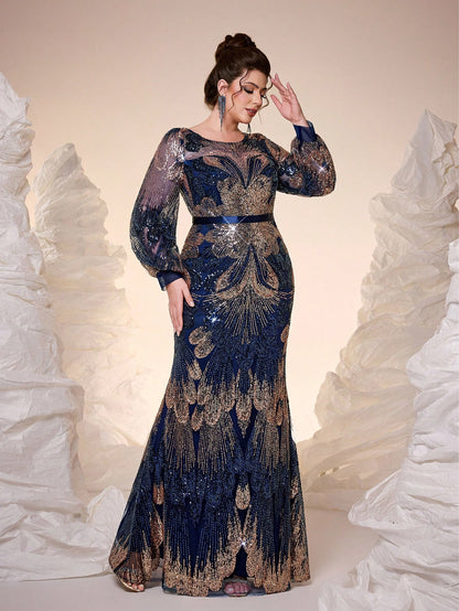 New Elegant Plus Size Long Navy Blue Formal Dress, Round Neck, Sequins, Graceful, Plus Size Evening Gown, Sheer Design, Waist Belt, Lantern Sleeve, Bodycon, Fishtail Hem, Suitable For Gala, Party Dress