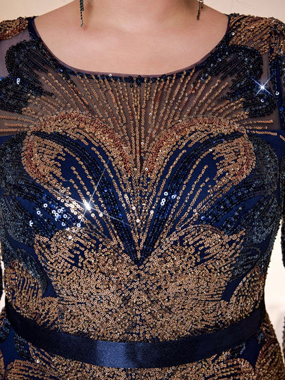New Elegant Plus Size Long Navy Blue Formal Dress, Round Neck, Sequins, Graceful, Plus Size Evening Gown, Sheer Design, Waist Belt, Lantern Sleeve, Bodycon, Fishtail Hem, Suitable For Gala, Party Dress