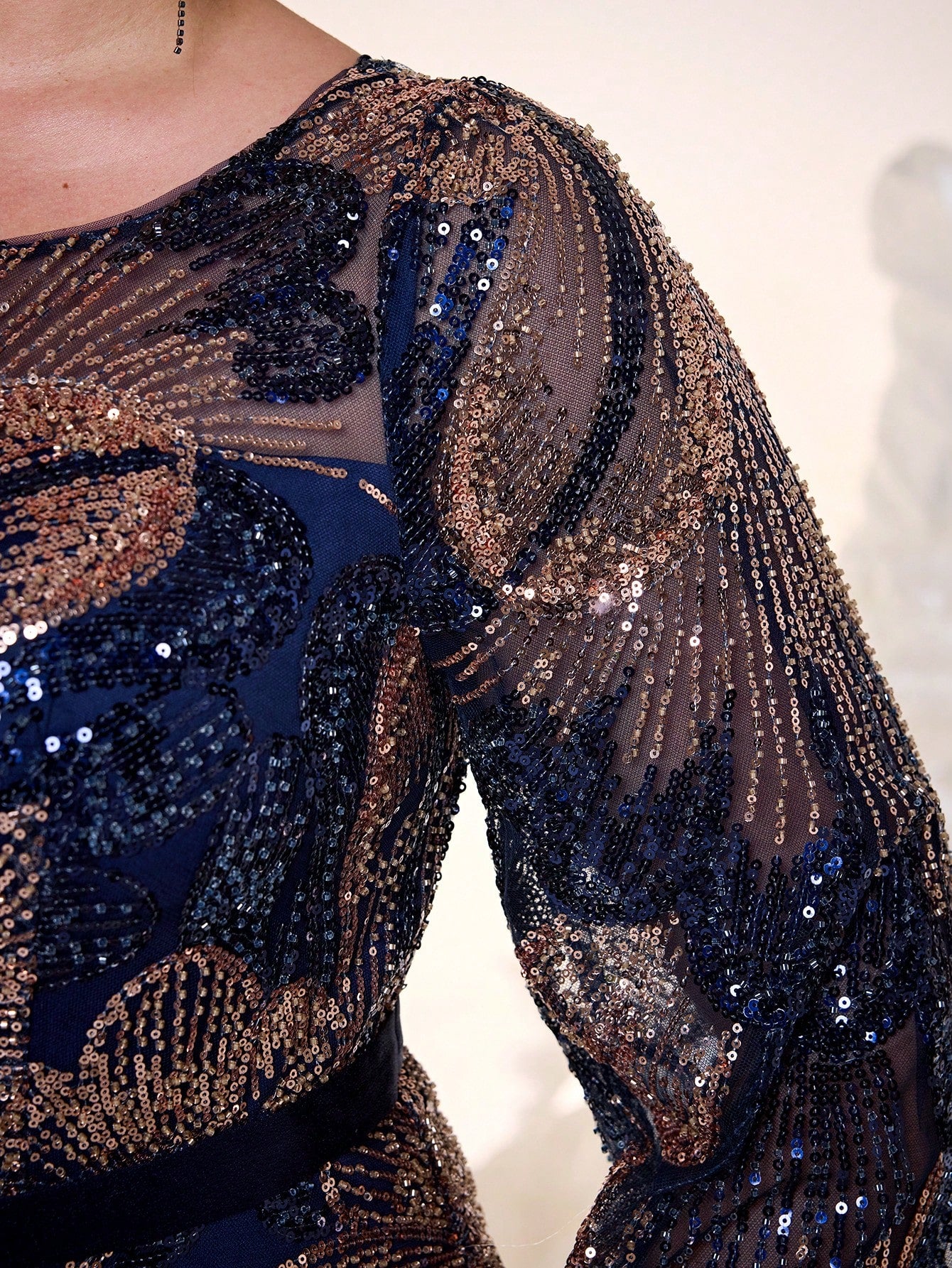 New Elegant Plus Size Long Navy Blue Formal Dress, Round Neck, Sequins, Graceful, Plus Size Evening Gown, Sheer Design, Waist Belt, Lantern Sleeve, Bodycon, Fishtail Hem, Suitable For Gala, Party Dress