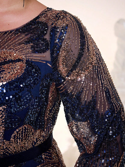 New Elegant Plus Size Long Navy Blue Formal Dress, Round Neck, Sequins, Graceful, Plus Size Evening Gown, Sheer Design, Waist Belt, Lantern Sleeve, Bodycon, Fishtail Hem, Suitable For Gala, Party Dress