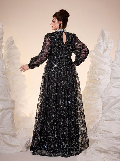 New Arrival Elegant Plus Size Ball Gown, High Neck, 3D Floral Decor, Sheer Effect, Pearl Embroidered Collar Flower, Lantern Sleeve, Waist Belt, Suitable For Ball, Wedding, Party, Wedding Guest, Evening Dress