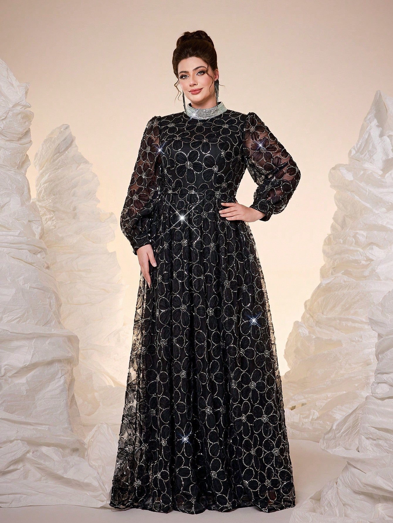 New Arrival Elegant Plus Size Ball Gown, High Neck, 3D Floral Decor, Sheer Effect, Pearl Embroidered Collar Flower, Lantern Sleeve, Waist Belt, Suitable For Ball, Wedding, Party, Wedding Guest, Evening Dress