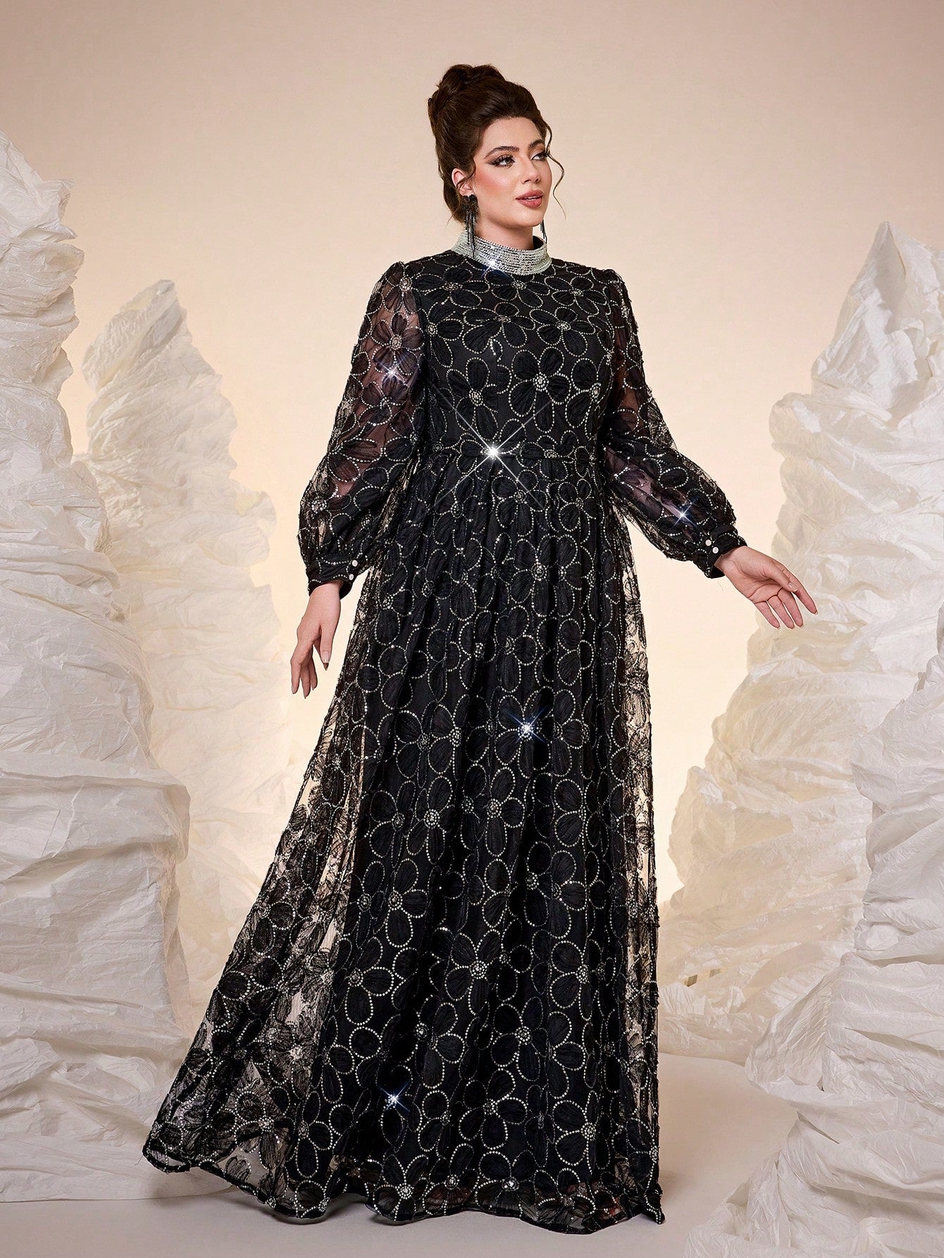 New Arrival Elegant Plus Size Ball Gown, High Neck, 3D Floral Decor, Sheer Effect, Pearl Embroidered Collar Flower, Lantern Sleeve, Waist Belt, Suitable For Ball, Wedding, Party, Wedding Guest, Evening Dress