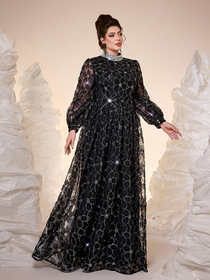 New Arrival Elegant Plus Size Ball Gown, High Neck, 3D Floral Decor, Sheer Effect, Pearl Embroidered Collar Flower, Lantern Sleeve, Waist Belt, Suitable For Ball, Wedding, Party, Wedding Guest, Evening Dress