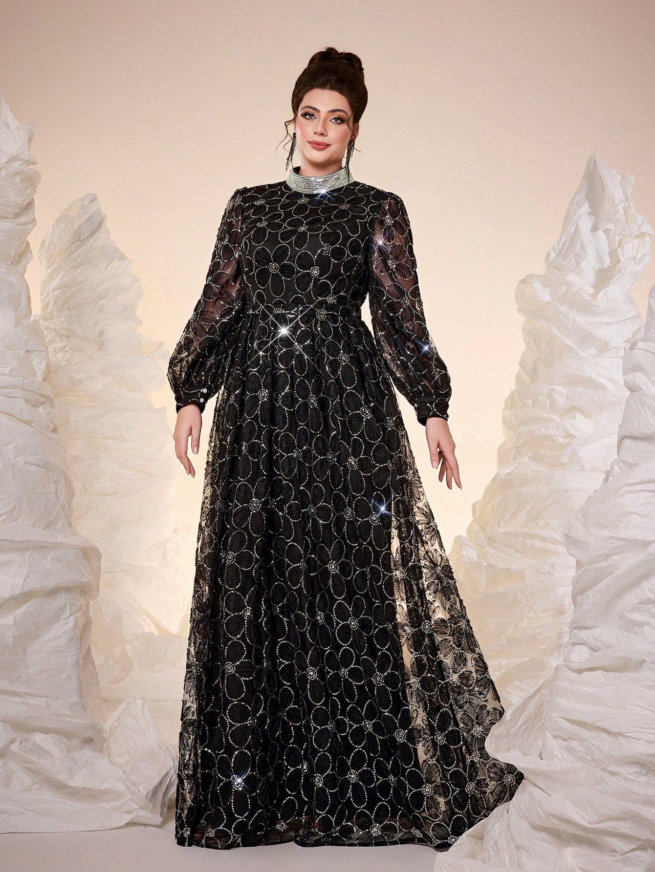 New Arrival Elegant Plus Size Ball Gown, High Neck, 3D Floral Decor, Sheer Effect, Pearl Embroidered Collar Flower, Lantern Sleeve, Waist Belt, Suitable For Ball, Wedding, Party, Wedding Guest, Evening Dress