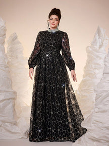 New Arrival Elegant Plus Size Ball Gown, High Neck, 3D Floral Decor, Sheer Effect, Pearl Embroidered Collar Flower, Lantern Sleeve, Waist Belt, Suitable For Ball, Wedding, Party, Wedding Guest, Evening Dress