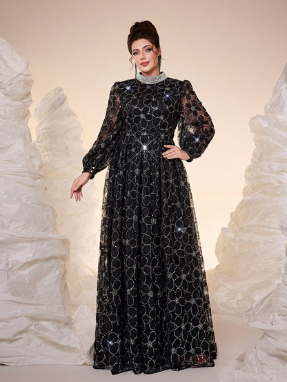 New Arrival Elegant Plus Size Ball Gown, High Neck, 3D Floral Decor, Sheer Effect, Pearl Embroidered Collar Flower, Lantern Sleeve, Waist Belt, Suitable For Ball, Wedding, Party, Wedding Guest, Evening Dress