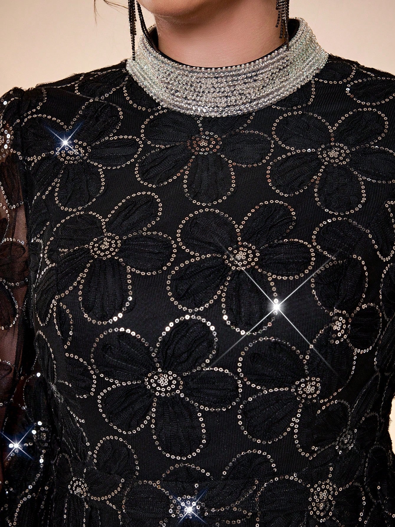 New Arrival Elegant Plus Size Ball Gown, High Neck, 3D Floral Decor, Sheer Effect, Pearl Embroidered Collar Flower, Lantern Sleeve, Waist Belt, Suitable For Ball, Wedding, Party, Wedding Guest, Evening Dress