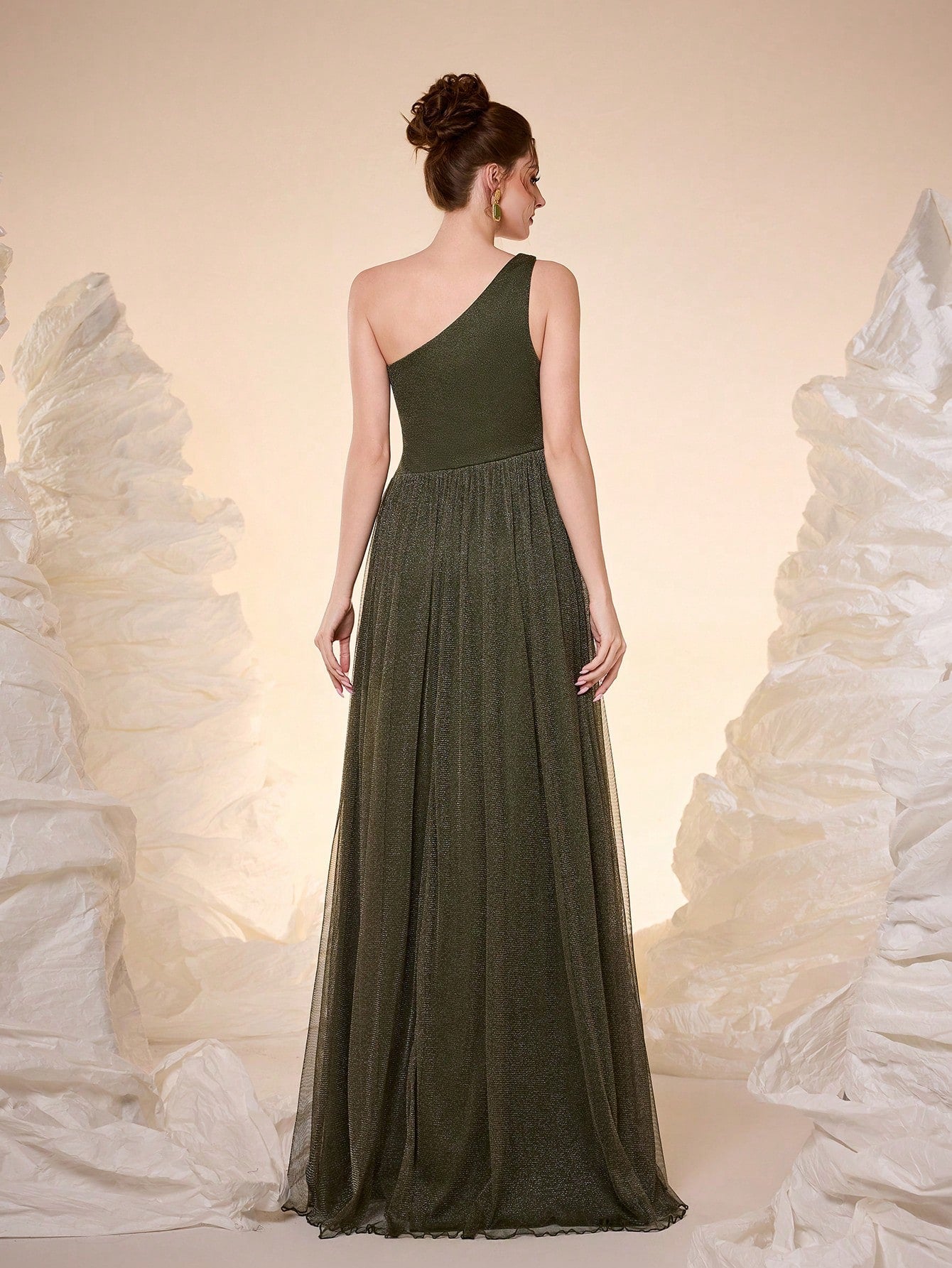 New Off Shoulder Solid Bridesmaid Dress, Sheer Mesh Ruffle High Slit Maxi Dress Wedding