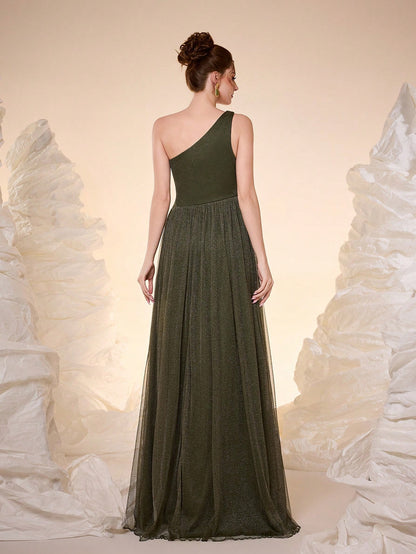 New Off Shoulder Solid Bridesmaid Dress, Sheer Mesh Ruffle High Slit Maxi Dress Wedding