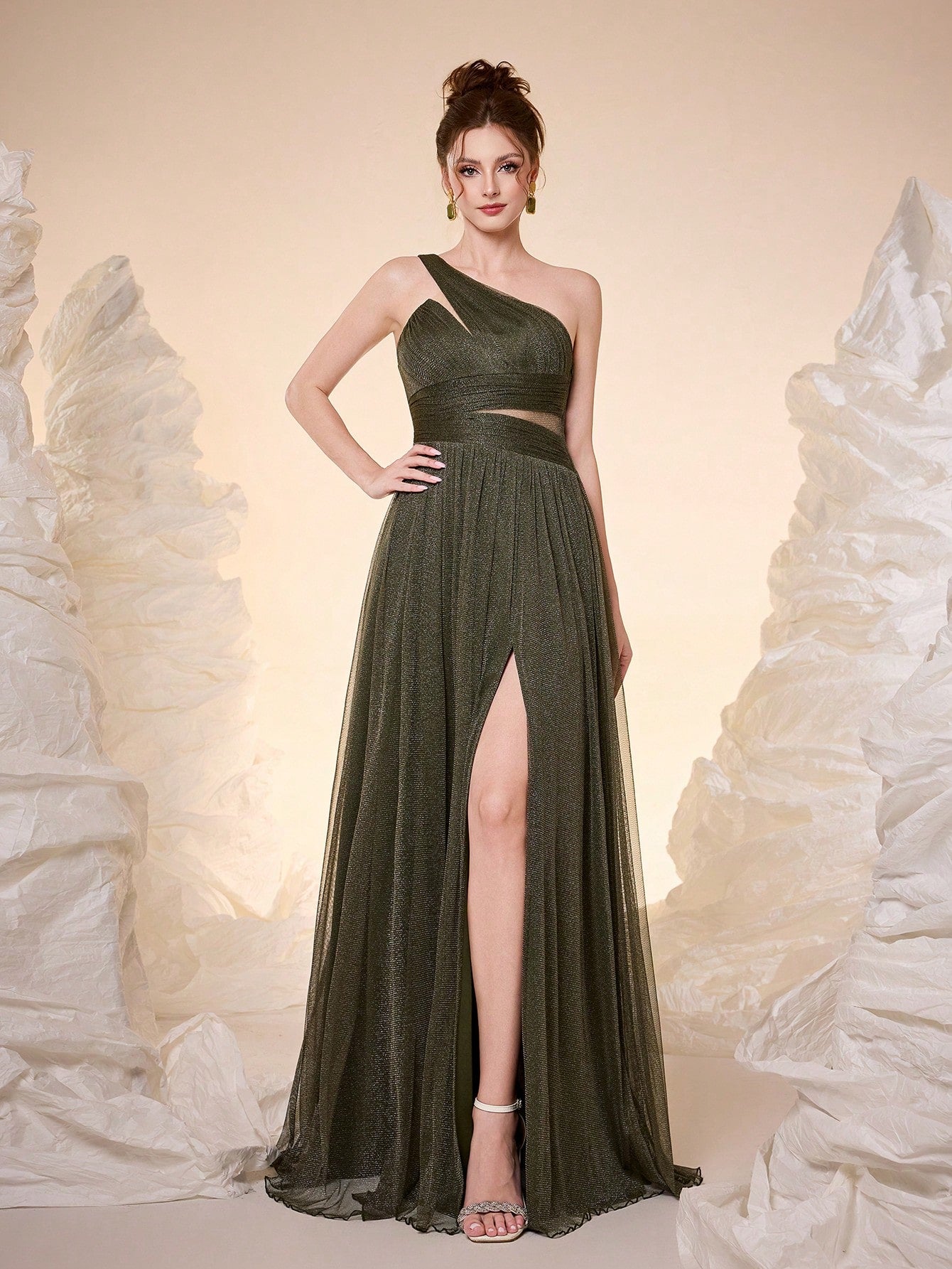 New Off Shoulder Solid Bridesmaid Dress, Sheer Mesh Ruffle High Slit Maxi Dress Wedding