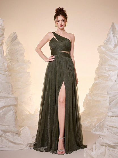 New Off Shoulder Solid Bridesmaid Dress, Sheer Mesh Ruffle High Slit Maxi Dress Wedding