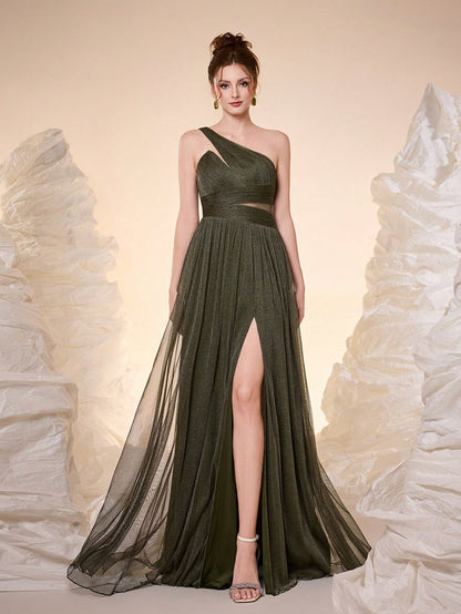 New Off Shoulder Solid Bridesmaid Dress, Sheer Mesh Ruffle High Slit Maxi Dress Wedding