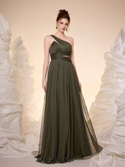 New Off Shoulder Solid Bridesmaid Dress, Sheer Mesh Ruffle High Slit Maxi Dress Wedding