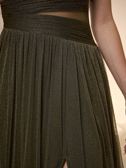 New Off Shoulder Solid Bridesmaid Dress, Sheer Mesh Ruffle High Slit Maxi Dress Wedding