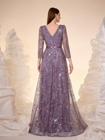Women's New Round Neck Evening Dress, Sequin Lace Belt, Elegant A-Line Dress