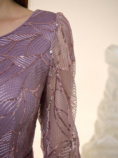 Women's New Round Neck Evening Dress, Sequin Lace Belt, Elegant A-Line Dress