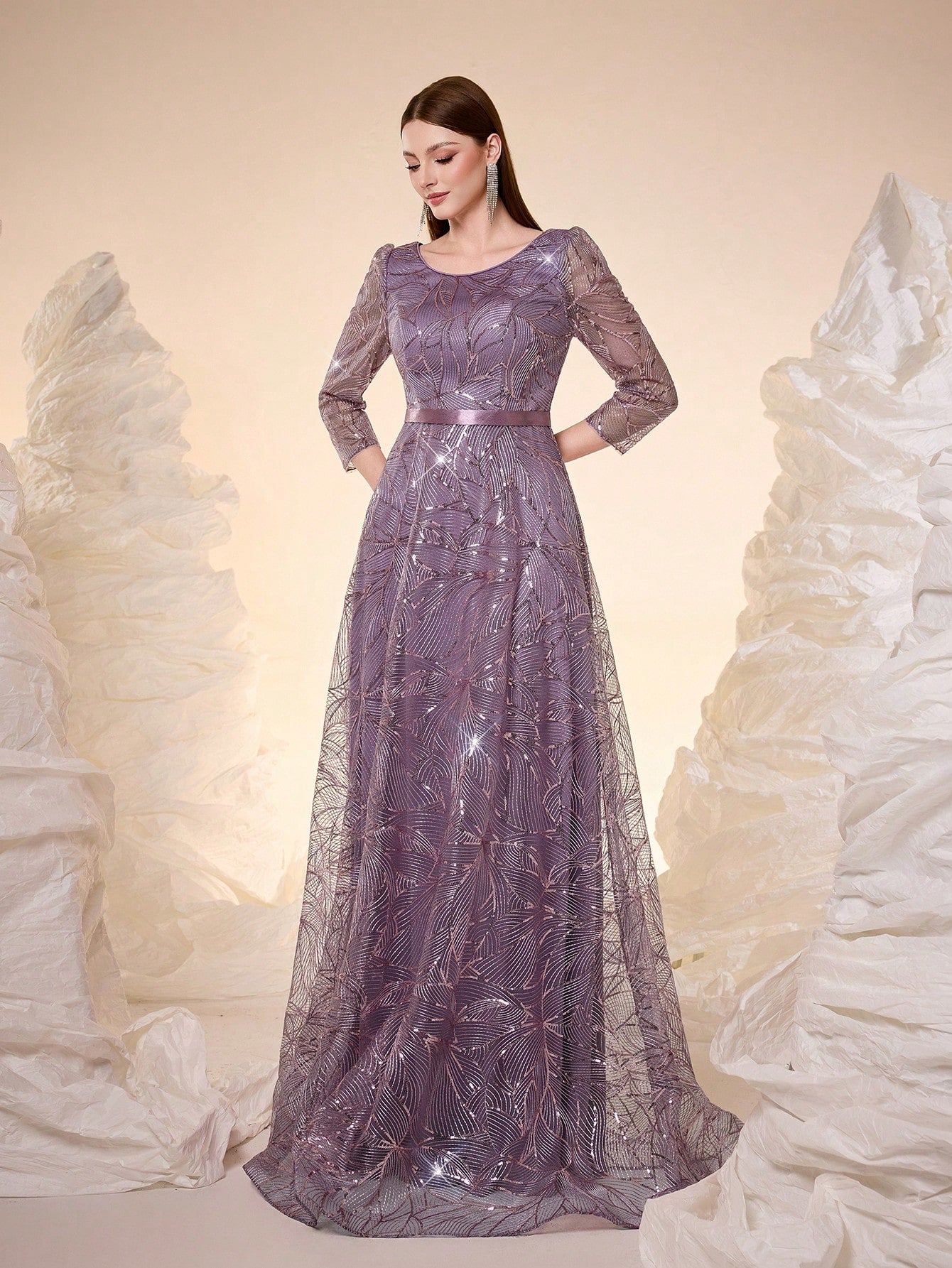 Women's New Round Neck Evening Dress, Sequin Lace Belt, Elegant A-Line Dress