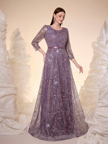 Women's New Round Neck Evening Dress, Sequin Lace Belt, Elegant A-Line Dress