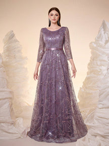 Women's New Round Neck Evening Dress, Sequin Lace Belt, Elegant A-Line Dress