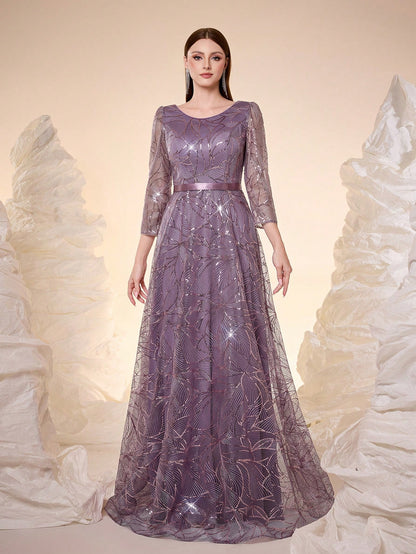 Women's New Round Neck Evening Dress, Sequin Lace Belt, Elegant A-Line Dress
