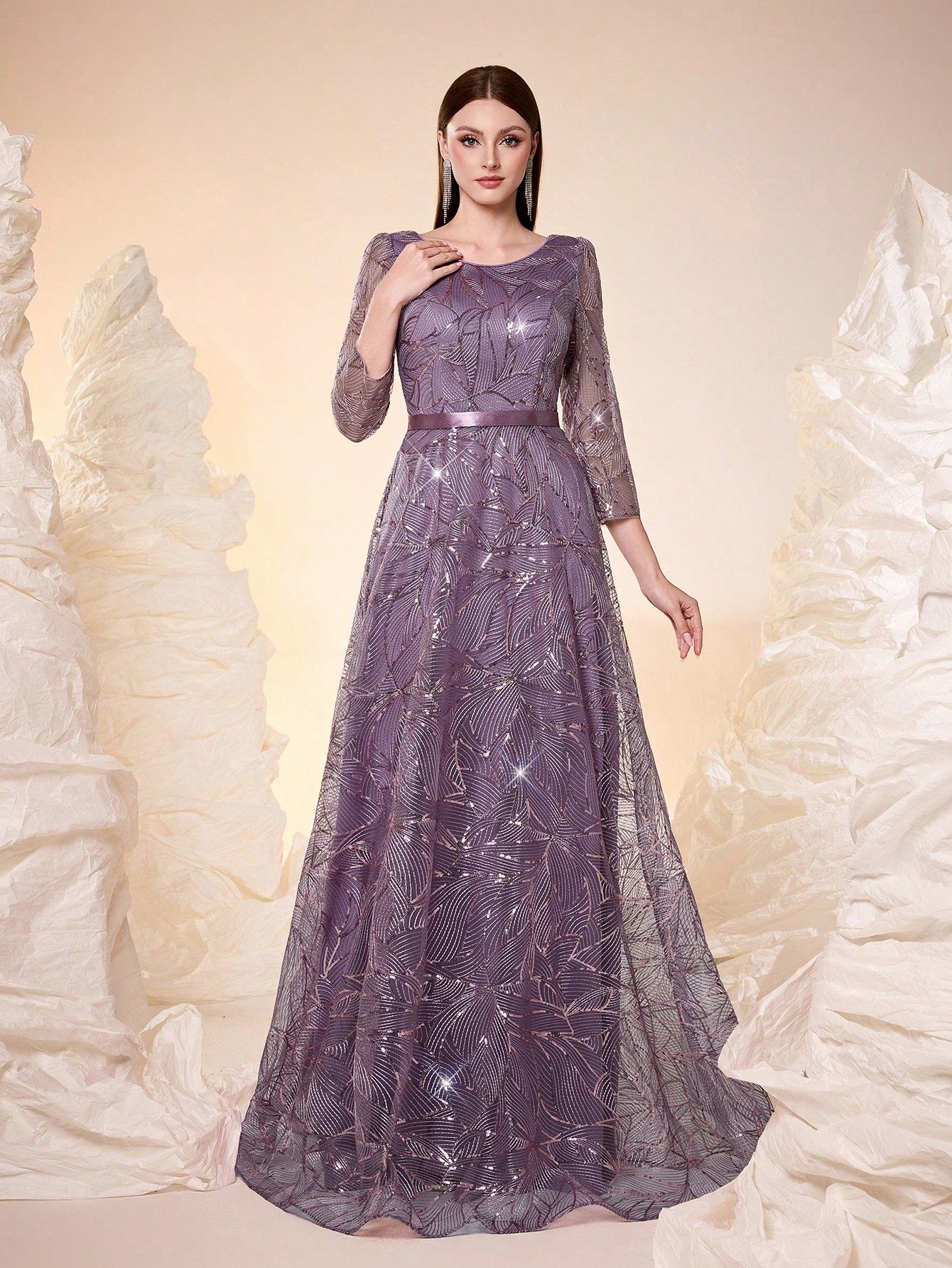 Women's New Round Neck Evening Dress, Sequin Lace Belt, Elegant A-Line Dress
