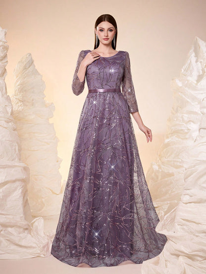 Women's New Round Neck Evening Dress, Sequin Lace Belt, Elegant A-Line Dress