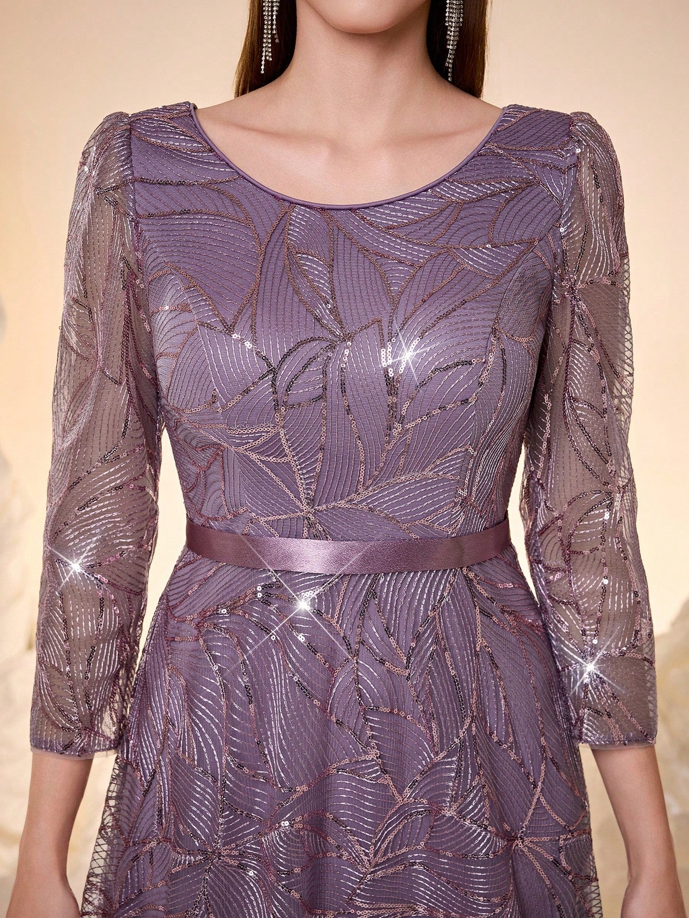 Women's New Round Neck Evening Dress, Sequin Lace Belt, Elegant A-Line Dress