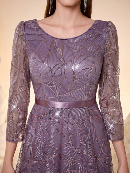 Women's New Round Neck Evening Dress, Sequin Lace Belt, Elegant A-Line Dress