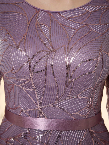 Women's New Round Neck Evening Dress, Sequin Lace Belt, Elegant A-Line Dress