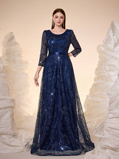 Women's New Round Neck Evening Dress, Sequin Lace Belt, Elegant A-Line Dress