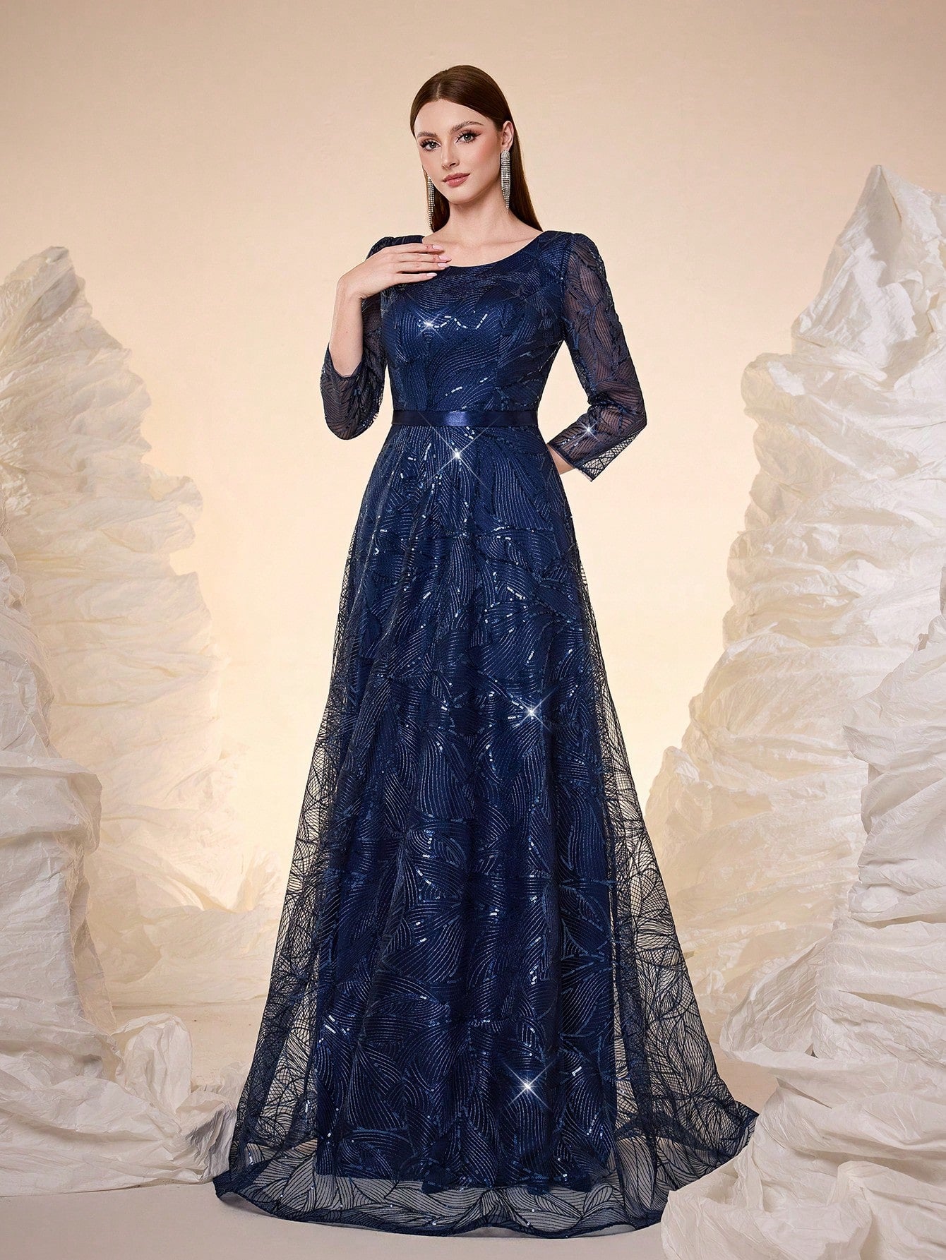 Women's New Round Neck Evening Dress, Sequin Lace Belt, Elegant A-Line Dress