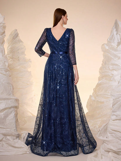 Women's New Round Neck Evening Dress, Sequin Lace Belt, Elegant A-Line Dress