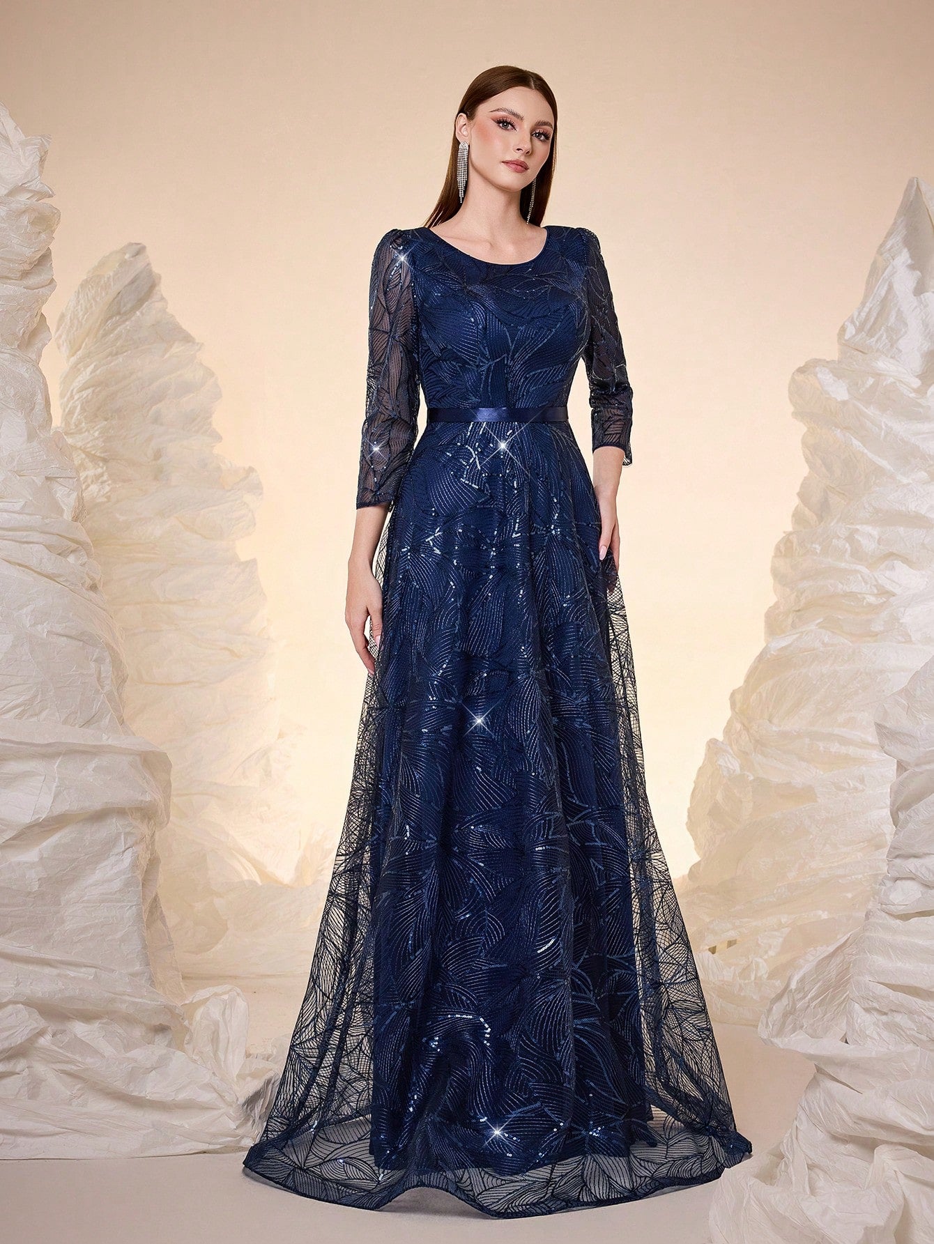 Women's New Round Neck Evening Dress, Sequin Lace Belt, Elegant A-Line Dress