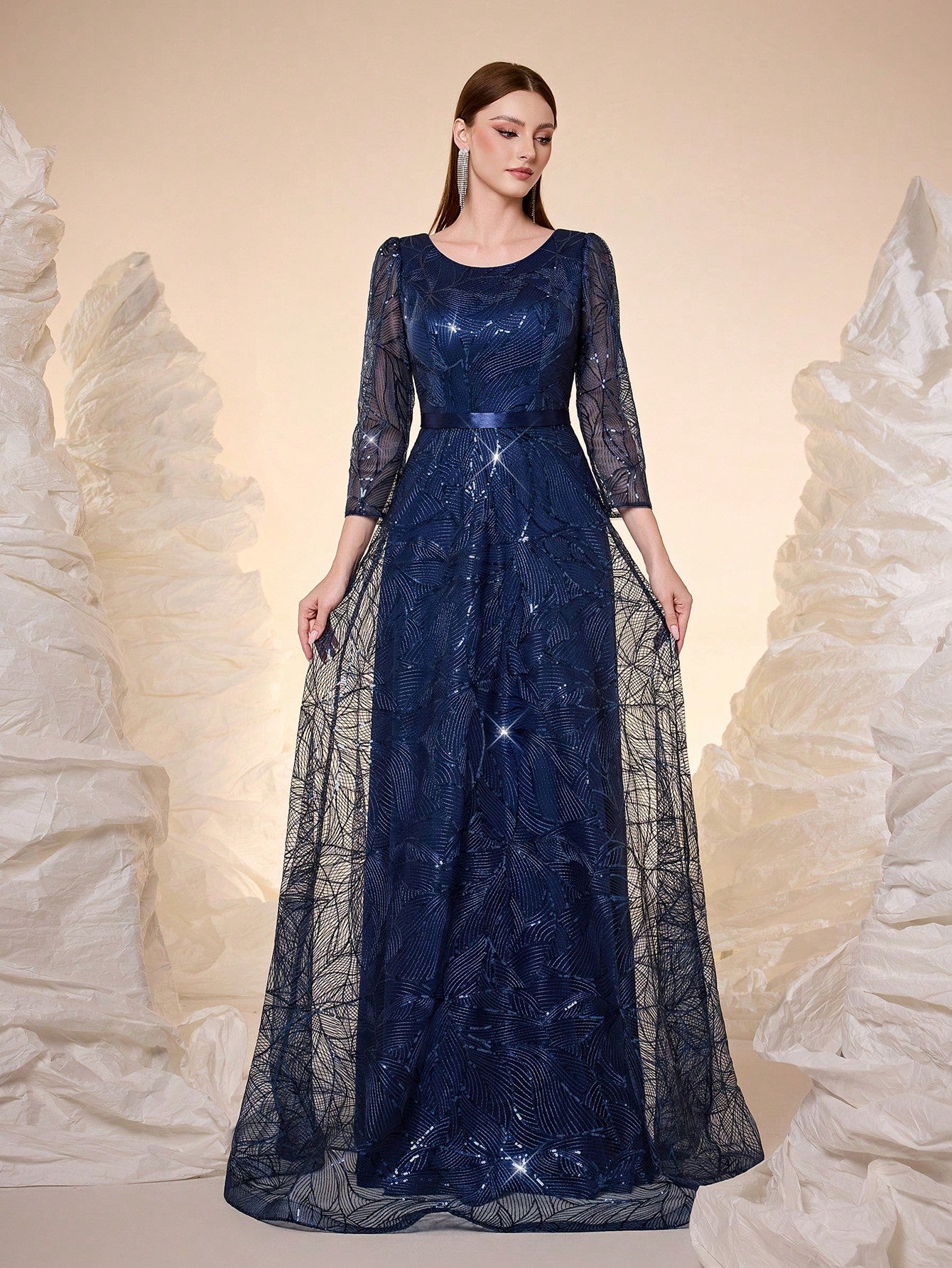Women's New Round Neck Evening Dress, Sequin Lace Belt, Elegant A-Line Dress