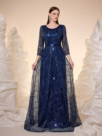 Women's New Round Neck Evening Dress, Sequin Lace Belt, Elegant A-Line Dress