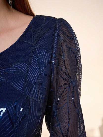 Women's New Round Neck Evening Dress, Sequin Lace Belt, Elegant A-Line Dress