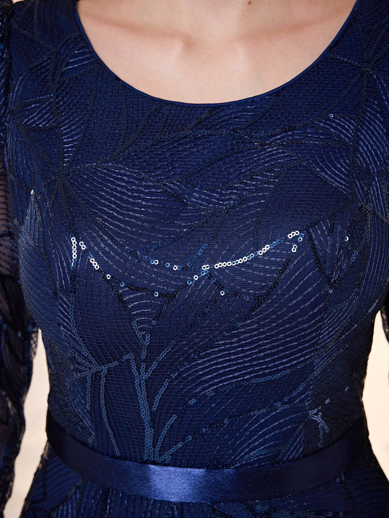 Women's New Round Neck Evening Dress, Sequin Lace Belt, Elegant A-Line Dress