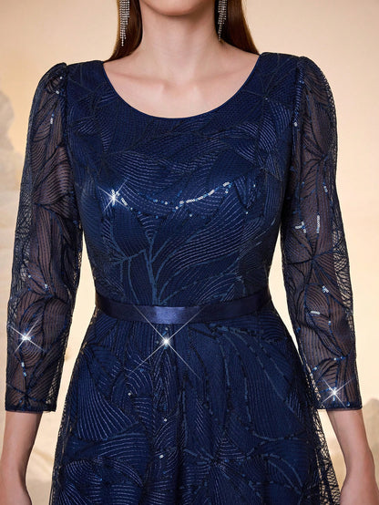 Women's New Round Neck Evening Dress, Sequin Lace Belt, Elegant A-Line Dress